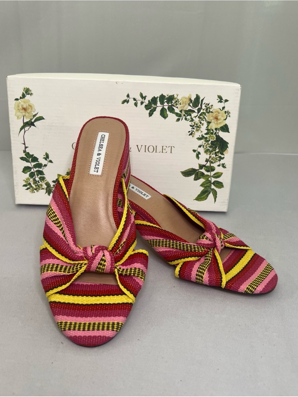 Chelsea & Violet Pink Yellow Striped Knot Mules